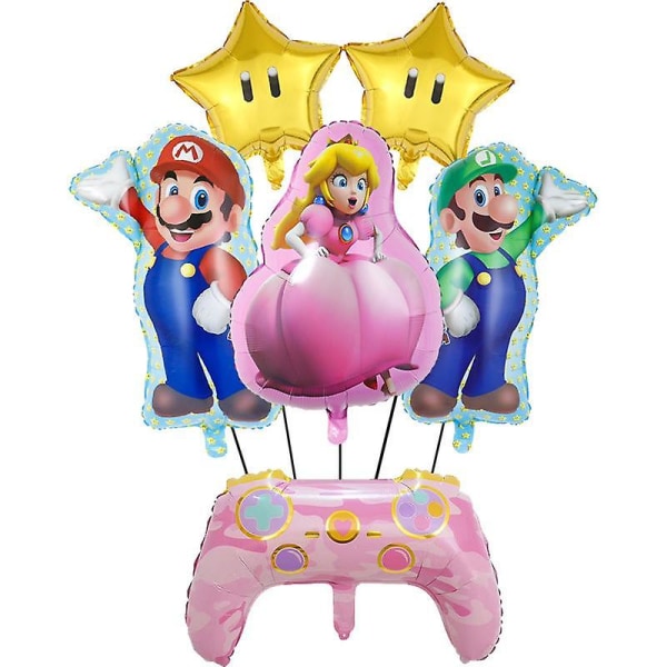 Super Mario Bros Set Princess Peach Ballonger Kostym Festdekoration Rosa Dekorativa fototillbehör Födelsedag Baby Shower 5pcs set-F