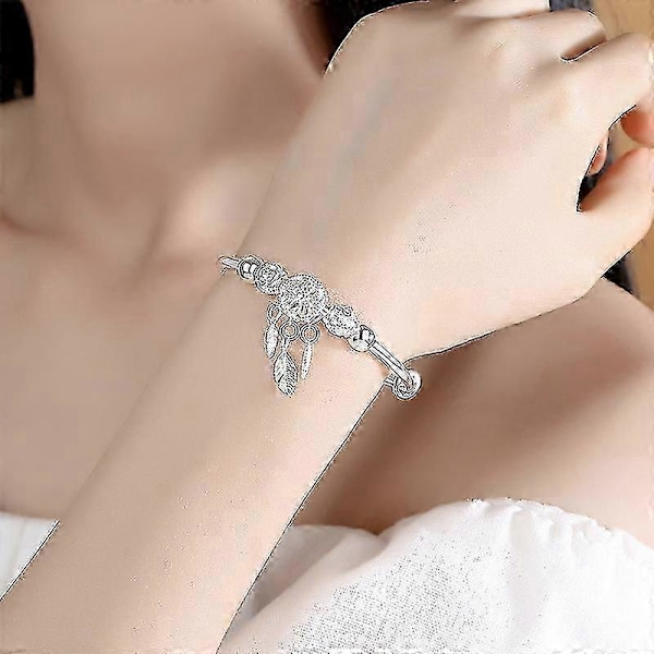 Justerbart Sølv Drømmefanger Kvast Fjer Rund Perle Charm Armbånd & Armring