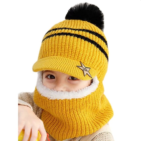 Barn Flickor Pojkar Beanie Neck Warp Hat Med Öronlappar Fleece Stickad Vinter Varm Cap Med Hals Tube Yellow