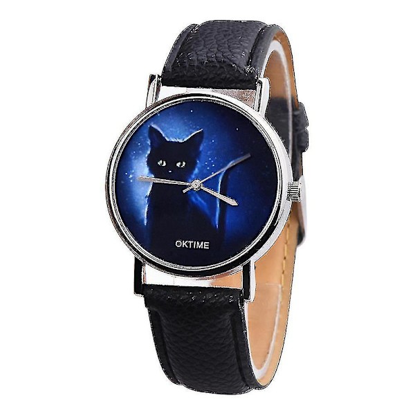 Tflycq Oktime Dame Mysterious Black Cat Faux Leather Analog Quartz Watch