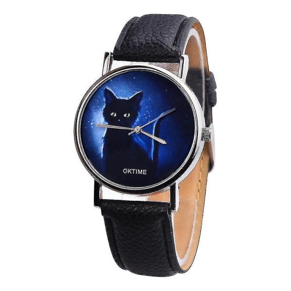 Tflycq Oktime Womens Mysterious Black Cat imiteret læder Analog Quartz Watch