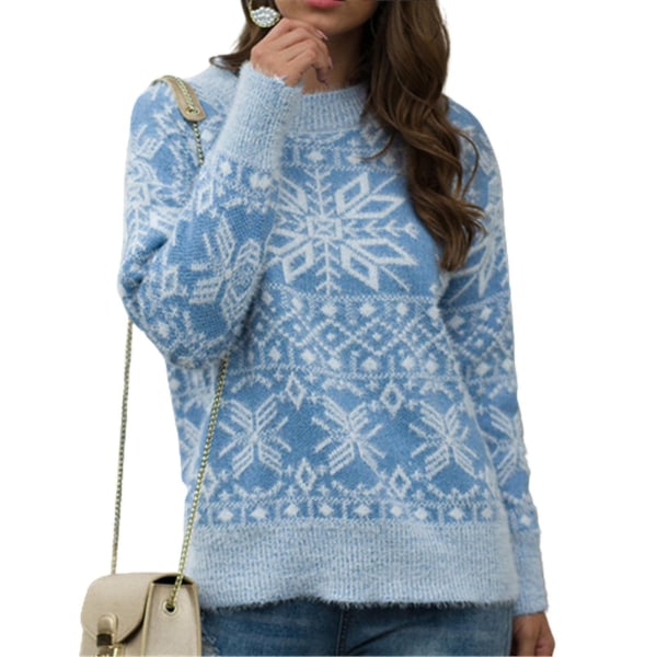 Christmas Genser Dame Christmas Snowflake Varm Genser Strikket O-hals Genser Blue XL