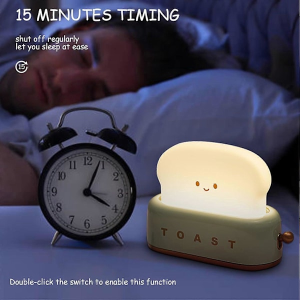 Brødristerlampe, Toast Nattlys Søt LED, USB Oppladbar, Dimbar Varm Toast Lys med Timer (Grønn)