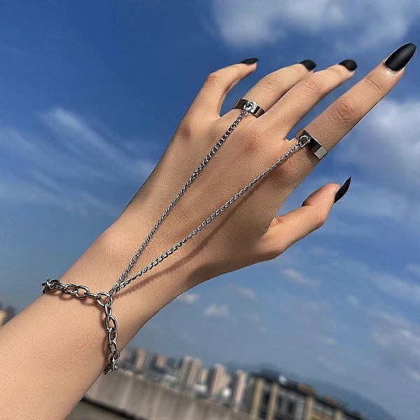 Punk Geometrisk Sølvfarvet Kæde Armbånd til Mænd og Kvinder Ring Charm Sæt Par Emo Mode Smykker Gaver