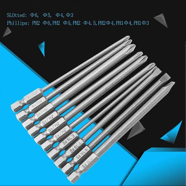 10 stk. S2 Stål Krydshoved PH1 PH2 Slids Skruetrækker Bits Sæt 1/4 tomme Hex Skaft 100 mm