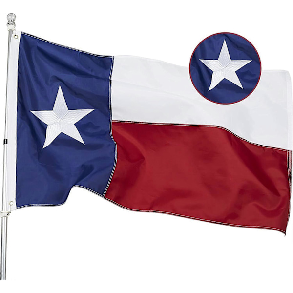 Texasin osavaltion lippu 90x150 cm - Kirjailtu, ommeltu, kestävä 210D Oxford-nylonlippu, elävät värit - Messinkirenkaat ja 4-ompeleinen helma, USA:n lippu