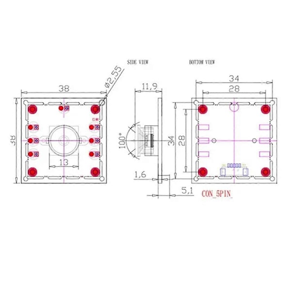 Ny 3PCS 100 Graders Kameramodul 1MP OV9732 1280x720 USB Fri Drivrutin Manuell Fokus, med 3+2 Meter C