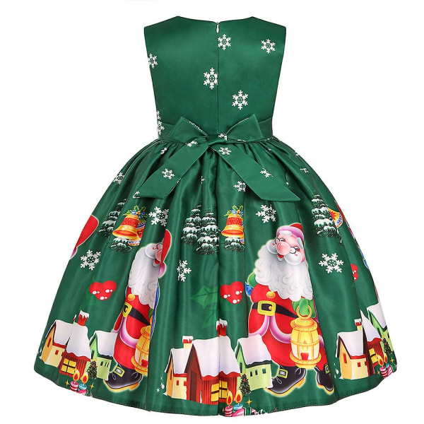 Jul Barn Jenter Ermeløs A-line kjole Julenissetrykk Sløyfe Swing Skaterkjoler Kveldsjulefest Ballkjole kostyme Green 2-3 Years