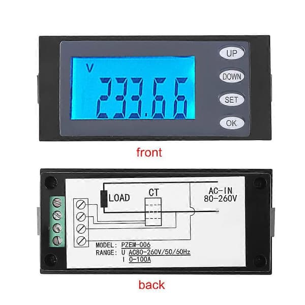 PEACEFAIR Digital AC 80-260V 100A Strøm Spænding Watt KWh Tids Panel Meter Voltmeter CT