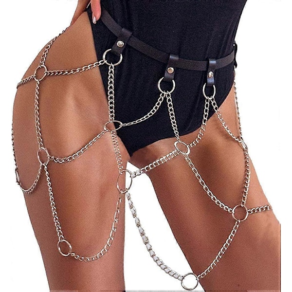 Punk Läder Midjekedja Silver Vävt Bälte Magkedjor med Cirklar Dans Kroppssmycken Accessoarer för Kvinnor och Flickor