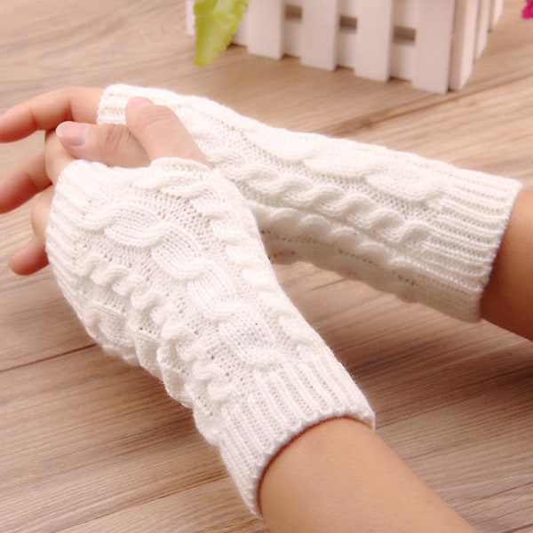 Kvinder strikket halvfinger handsker vintervarmer håndledsarm hånd lange fingerløse vanter White Cable Knit