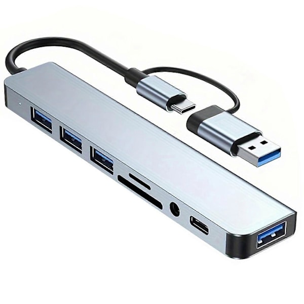 USB C 8 i 2 Multiport Hub Adapter 1 x USB 3.0/3 x USB 2.0 Dataportar/3,5 mm Ljudportar för Telefoner