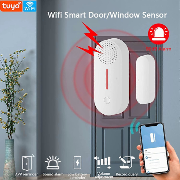 WiFi Dörr- och Fönsterlarm, 100dB Siren, Tuya App Fjärrkontroll, Tidsinställd Aktivering/Avaktivering, Justerbar Volym, Trådlöst Hemlarm