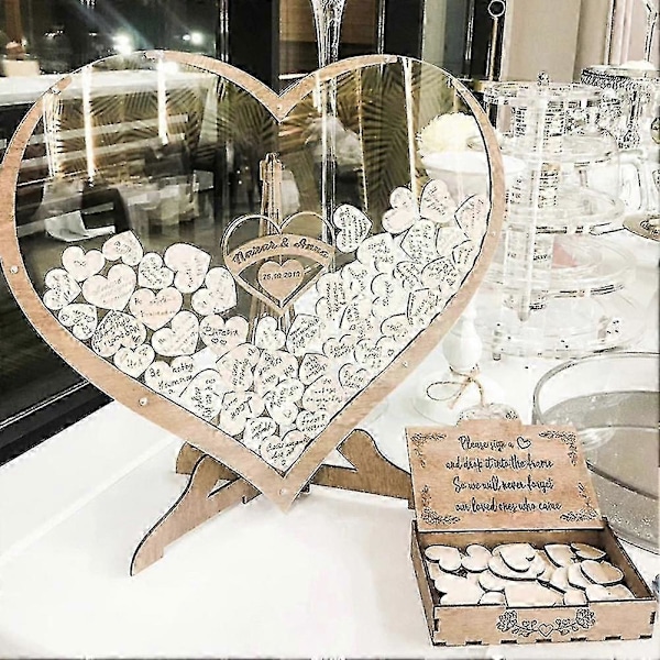 Bryllupsgjestebok i tre, hjerteformet, ornamenter, transparent dråpe, 3d, antikk minneboks, signatur