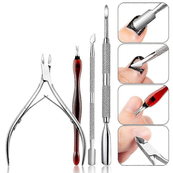 Nagelbandsverktyg, Nagelbandstrimmer med Nagelbandspusher, Nagelbandsklippare, Nagelskrapa och Nagelbandsgaffel, Manikyrverktyg i rostfritt stål