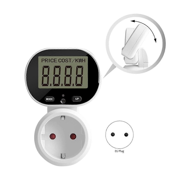 Effektmåler Digital Wattmeter Elektrisk Måler, Voltmeter Energiomkostningsmåler Stik 45° Drejelig EU Stik