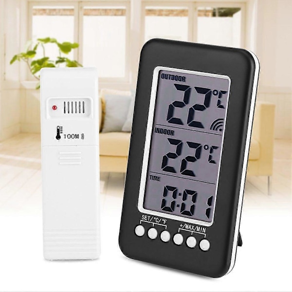 Trådlös Inomhus Utomhus Termometer, Hemtermometer, LCD Digital Inomhus Utomhus Termometer Klocka Temperaturmätare Trådlös Sändare med