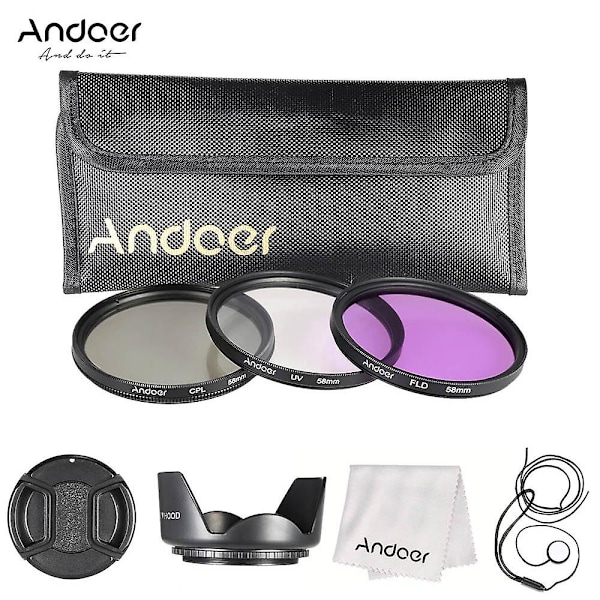 Andoer 58mm Filter Kit (UV+CPL+FLD) + Nylon Bæretaske + Objektivdæksel + Objektivdækselholder + Modlysblænde + L