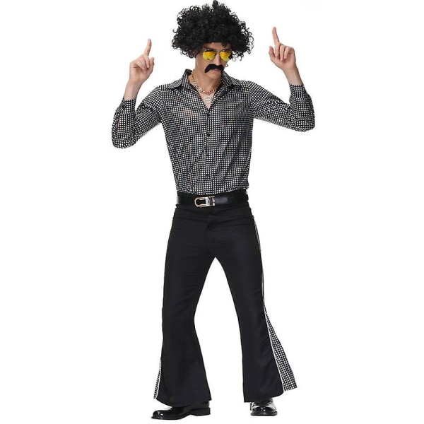 Flerfärgat par 60-tal 70-tal Hippy Disco Kostym Retro Rockabilly glänsande skjorta Cosplay Carnival Halloween Fancy Party Dress D2 M