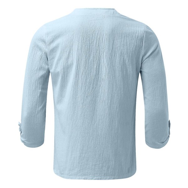 Herre sommer V-hals snøreskjorter Casual Holiday Solid skjorter T-skjorter Light Blue L