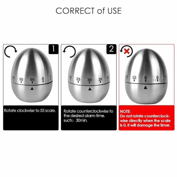 Mekanisk kjøkkentimer eggtimer rustfritt stål sølv