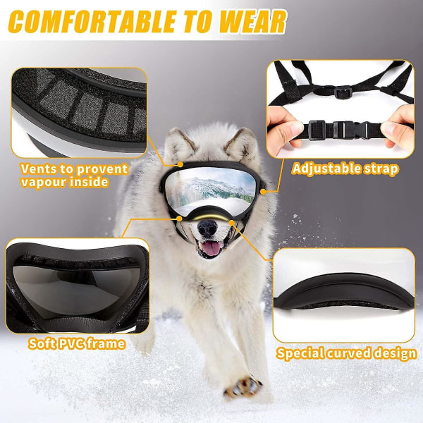 Hundebriller Hunde UV-beskyttelse Solbriller med justerbar stropp Hunder Vindtette Anti-dugg utendørs kjæledyrbriller Black frame x silver glass