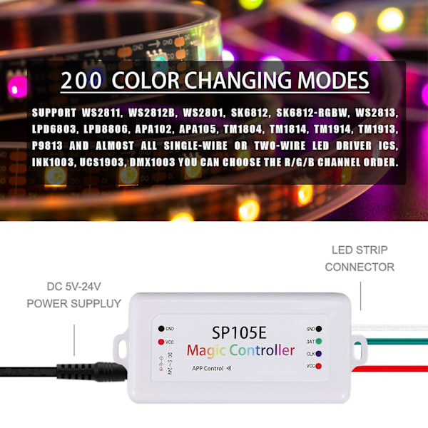 Sp105e Trådløs Bluetooth-styreenhed App Ws2811 Ws2812b Ws2801 Sk6812 Apa102 Individuelt Adresse