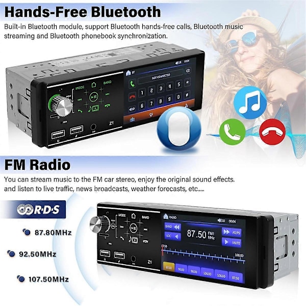 Auton radio, Single Din -autostereovastaanotin, 4,1 tuuman kosketusnäyttö, Bluetooth MP5-soitin, Mirror Link+Ba