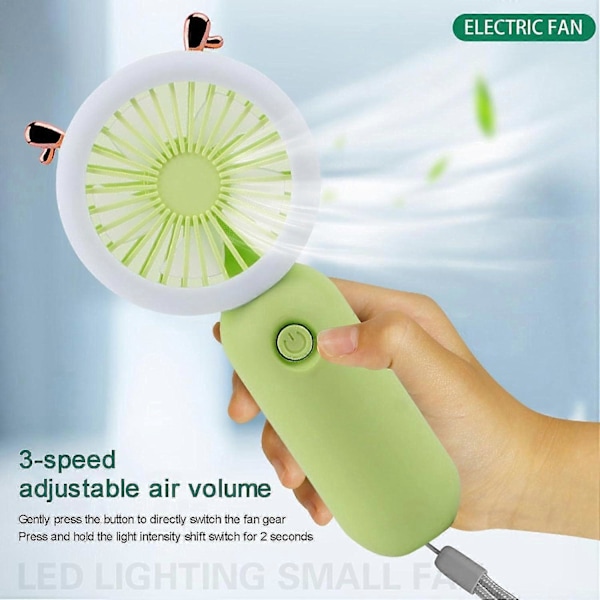 Mini Bærbar Ventilator, Bærbar LED Lys Ventilator - Håndholdt Ventilator, Justerbar Hastighed, USB Genopladelig med LED Natlys, Grøn