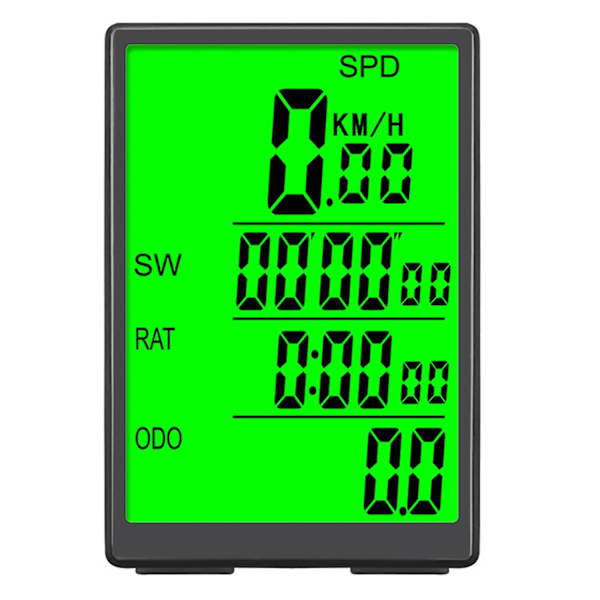 Trådløs cykelcomputer, vandtæt speedometer med grønt LCD-baggrundslys