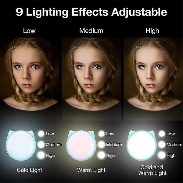 2023 - Ring Light Selfie Clip, Mini Genopladelig 9-niveau Dæmpbar Lysstyrke med 32 Leds, 2 - 8 Timer (ShiKai)