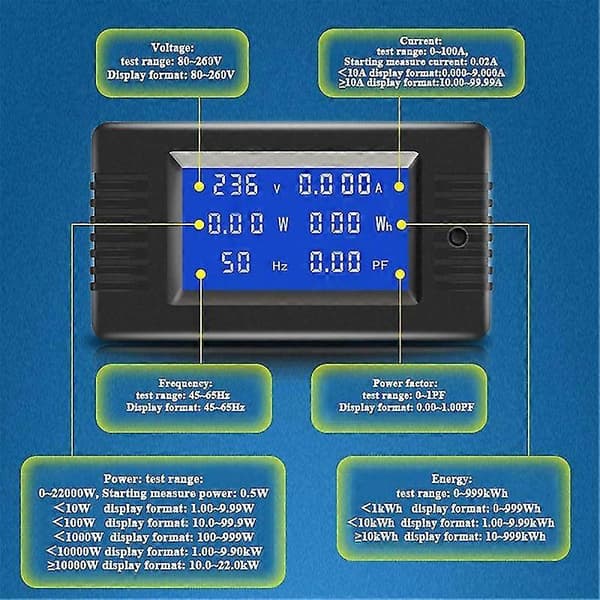 Digital Effektmätare AC Spänning Ström Watt Effekt Frekvens Faktor Energimätare