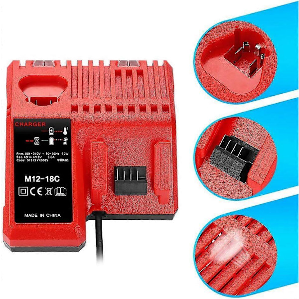 M12-18C Li-ION Batterioplader til Milwaukee 12V 14.4V 18V C1418C 48-11-1815/1828/1840 Lithium Batteri M18 M14 M12