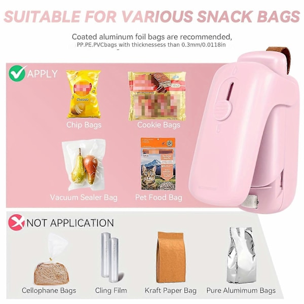 Poseforsegler Mini, Håndholdt Pose Varme Vakuumforsegler, 2 i 1 Varmeforsegler & Kutter Bærbar Poseforsegler Maskin Matsparer for Plastposer Oppbevaring Snacks