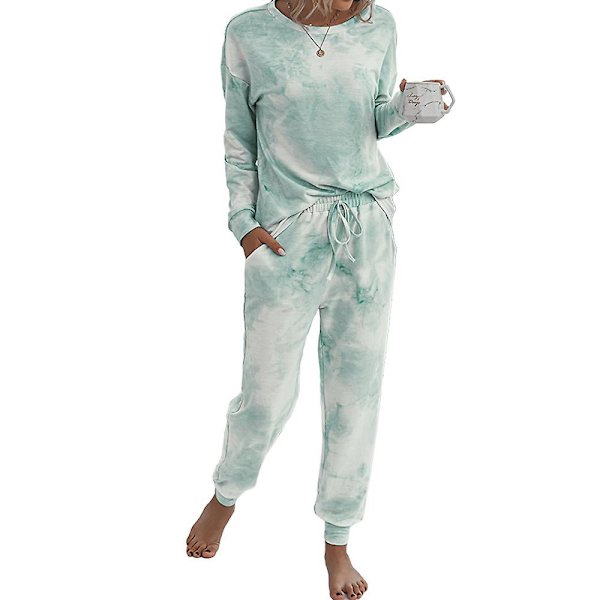 Kvinder Tie Dye Casual Suit Langærmet Sweatshirt Top + Snørebukser Suit Casual Jogging Lounge Wear Green L