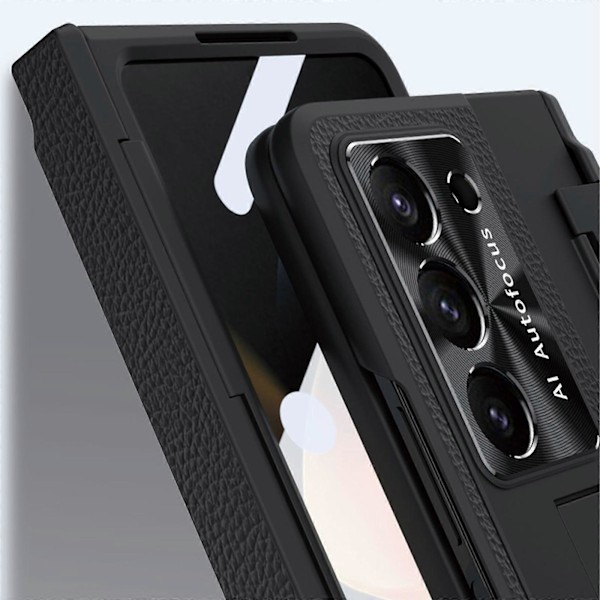 Galaxy Z Fold 5 Deksel med S Pen, Metallstativ Deksel med [Hengselbeskyttelse & Skjermbeskytter], PU Lær Beskyttelsesdeksel for Samsung Z Fold 5