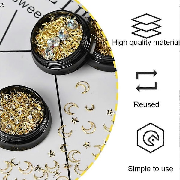 Månstjärna Nagelkonst Stud Blandade Ihåliga Månstjärna Nagel Stud Guld Metall Paljetter 3D Nagelkonst Dekoration