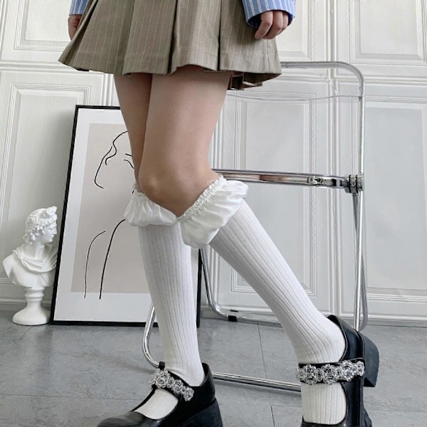Dame Lolita Bomulds Knæhøje Strømper Søde Plisserede Satin Boble Top Rib Stømper