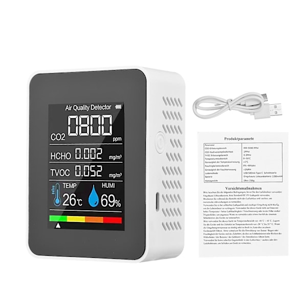 Bærbar Luftkvalitetsmåler Indendørs CO2 Detektor 5 i 1 Formaldehyd HCHO TVOC Tester LCD Temperatur