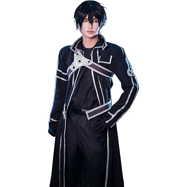 Miesten anime-anime Sao Kirito Cosplay-asu, musta takki, pitkä viitta? Täysi set Halloween-asu peruukilla naisille 3XL