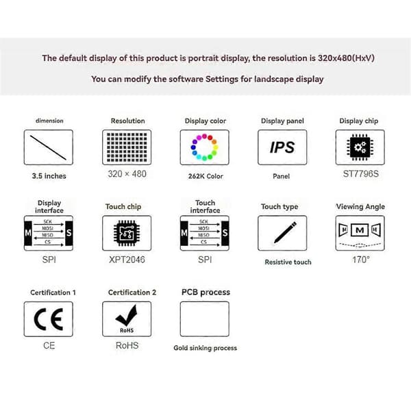 3,5 tommer Resistiv LCD Touch Skærm 480x320 Opløsning IPS Panel ST7796S Driver Chip til ESP32 til