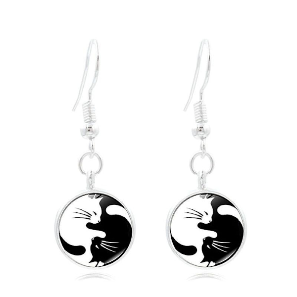 Sort Hvid Yin Yang Cat Glas Vedhæng Halskæde Armbånd Armbånd Ørering Smykkesæt Helt 4 stk. Til Kvinder Mode Sweater Chain