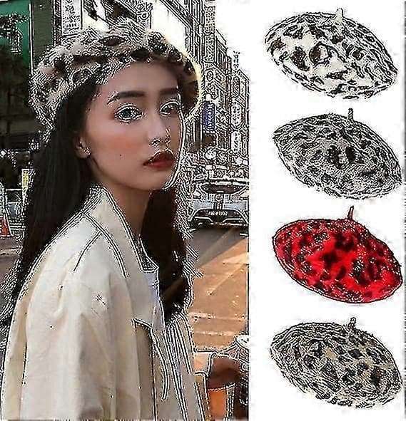 Leopardmönstrad baskerhatt för kvinnor, fransk basker i ull, varm mössa för vintern