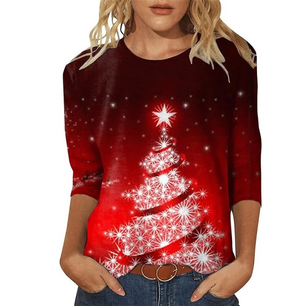Kvinder juletema trykt T-shirt med trekvart ærmer T-shirt med rund hals Xmas Casual Bluse Pullover Top style 3 L