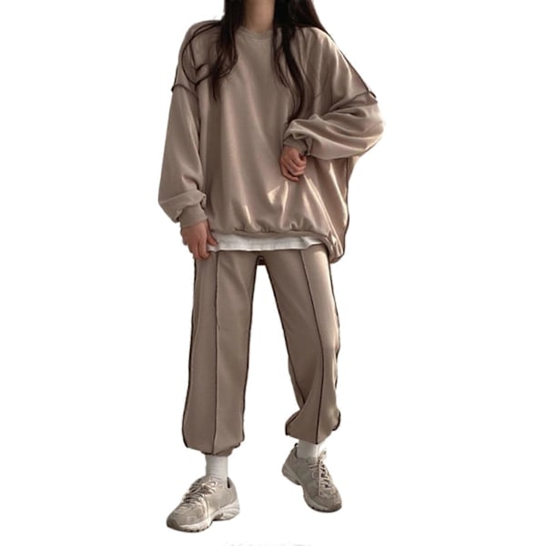 2023 Tvådelade Set Vinter Höst Lounge Set för Kvinnor Sweatpant Joggers Set Casual Huvtröjor Träningsdräkt Mjukisdress Khaki XL