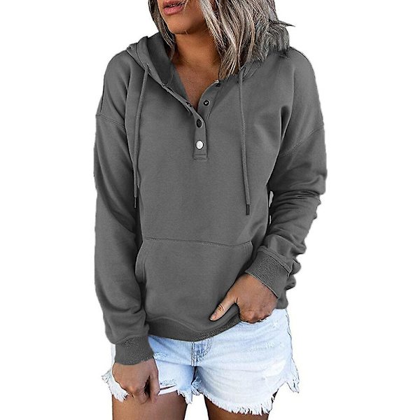 Kvinder Hættetrøje Langærmet Hættetrøjer Toppe Casual Løs Pullover med lomme Grey M
