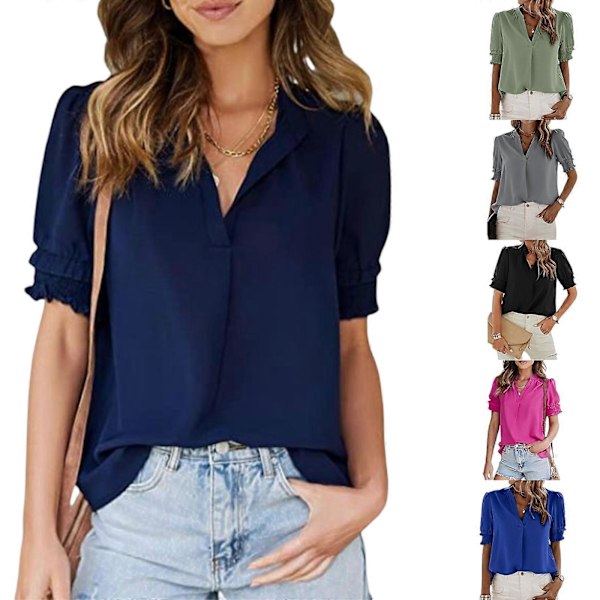 Dam Babydoll Blusar V-Ringade Tunikor Sommar Lös Puff Toppar Casual Lös Passform Volangärm Toppar Blusar T-shirt Toppar marinblå XL