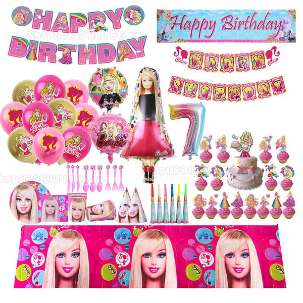 Barbiee Doll Födelsedagsfest Dekorera Tillbehör Rosa Tjejtema Bordsservis Kopp Tallrik Ballong Baby Shower Prinsessan Festdekor Presenter Tablecloth