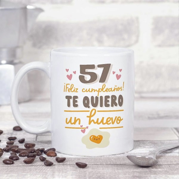 57 Fødselsdags Krus på Spansk Feliz Cumpleaños Te Quiero un Huevo Sjov Jubilæumsgave 330 ml