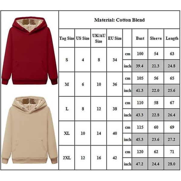 Kvinder Ensfarvet Vinter Varm Fleece Foret Hættetrøje Afslappet Løse Hættetrøjer Pullover Toppe Med Lomme Red M